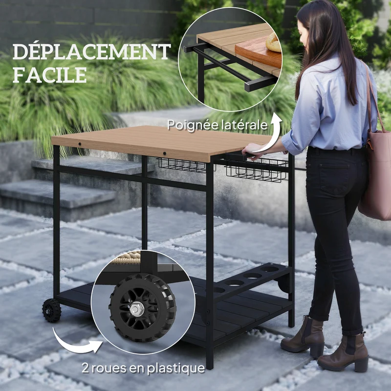 Desserte chariot de service jardin cuisine 97,5 x 65 x 81 cm mobilité aisée rangement optimisé rustique en bois naturel 21_0005246