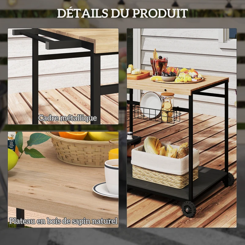 Desserte chariot de service jardin cuisine 97,5 x 65 x 81 cm mobilité aisée rangement optimisé rustique en bois naturel 21_0005246