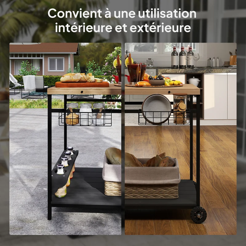 Desserte chariot de service jardin cuisine 97,5 x 65 x 81 cm mobilité aisée rangement optimisé rustique en bois naturel 21_0005246