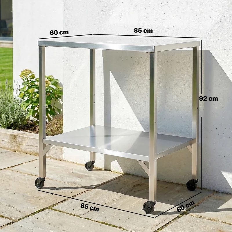 Desserte barbecue d'extérieur 85 x 60 x 92 cm plateau préparation roulettes freins design en acier inoxydable argenté 21_0004428