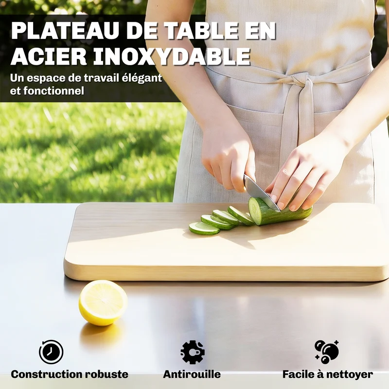 Desserte barbecue d'extérieur 85 x 60 x 92 cm plateau préparation roulettes freins design en acier inoxydable argenté 21_0004428
