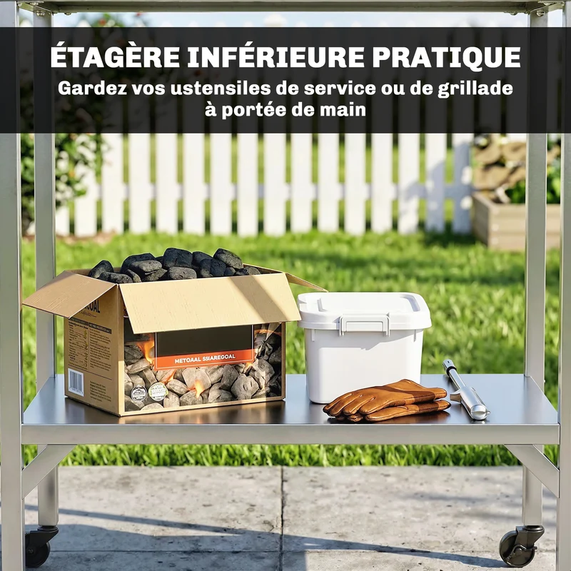Desserte barbecue d'extérieur 85 x 60 x 92 cm plateau préparation roulettes freins design en acier inoxydable argenté 21_0004428