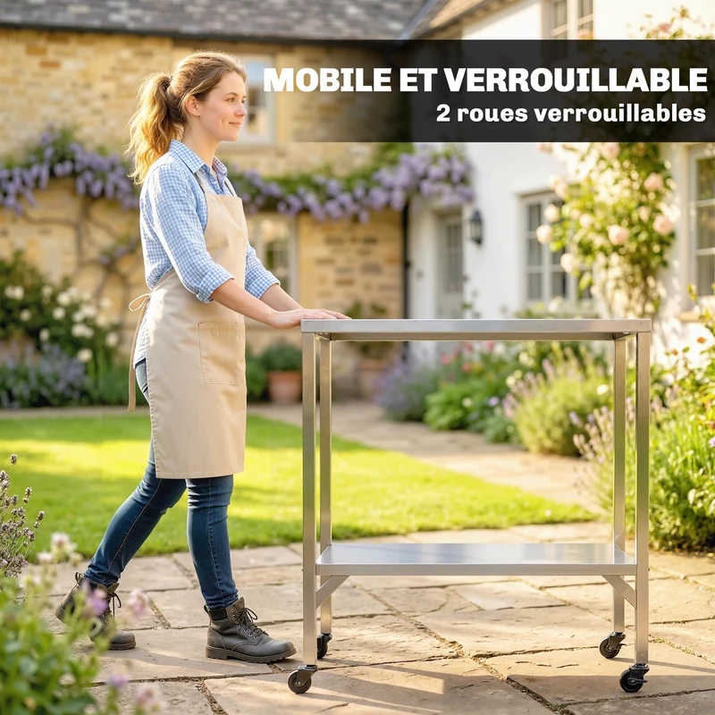 Desserte barbecue d'extérieur 85 x 60 x 92 cm plateau préparation roulettes freins design en acier inoxydable argenté 21_0004428