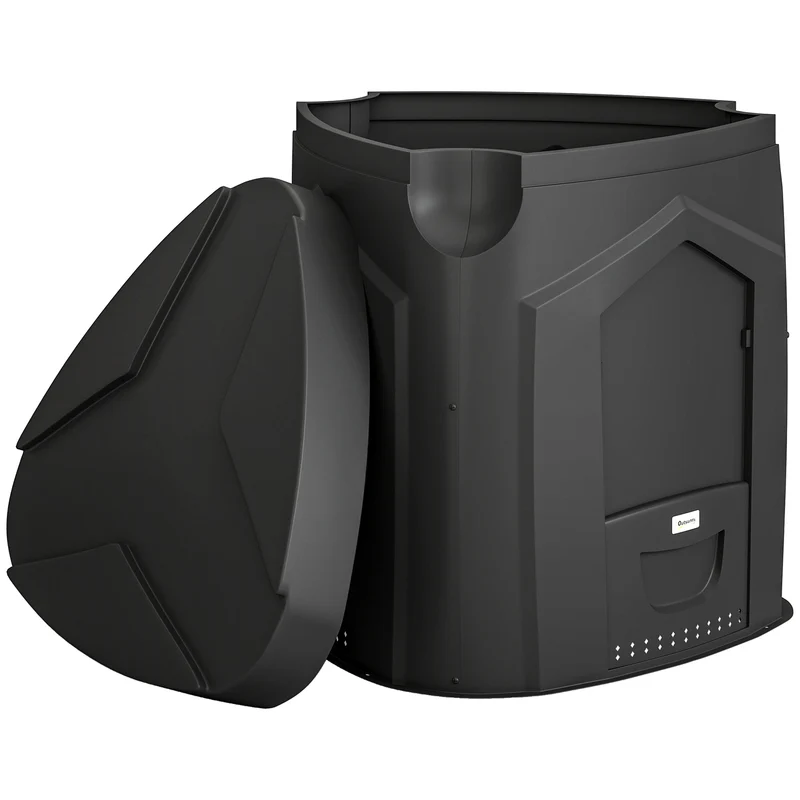 Composteur de jardin au sol 78 x 75 x 78 cm triangulaire stable 3 portes 66 aérations compostage rapide épuré en PP noir 21_0005655