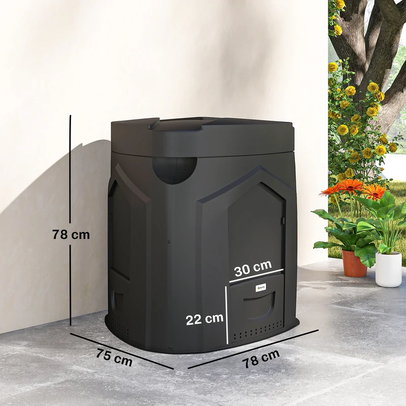 Composteur de jardin au sol 78 x 75 x 78 cm triangulaire stable 3 portes 66 aérations compostage rapide épuré en PP noir 21_0005655