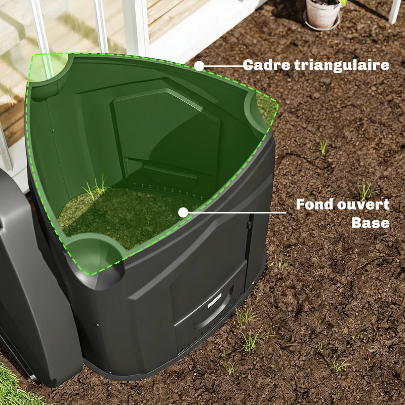 Composteur de jardin au sol 78 x 75 x 78 cm triangulaire stable 3 portes 66 aérations compostage rapide épuré en PP noir 21_0005655