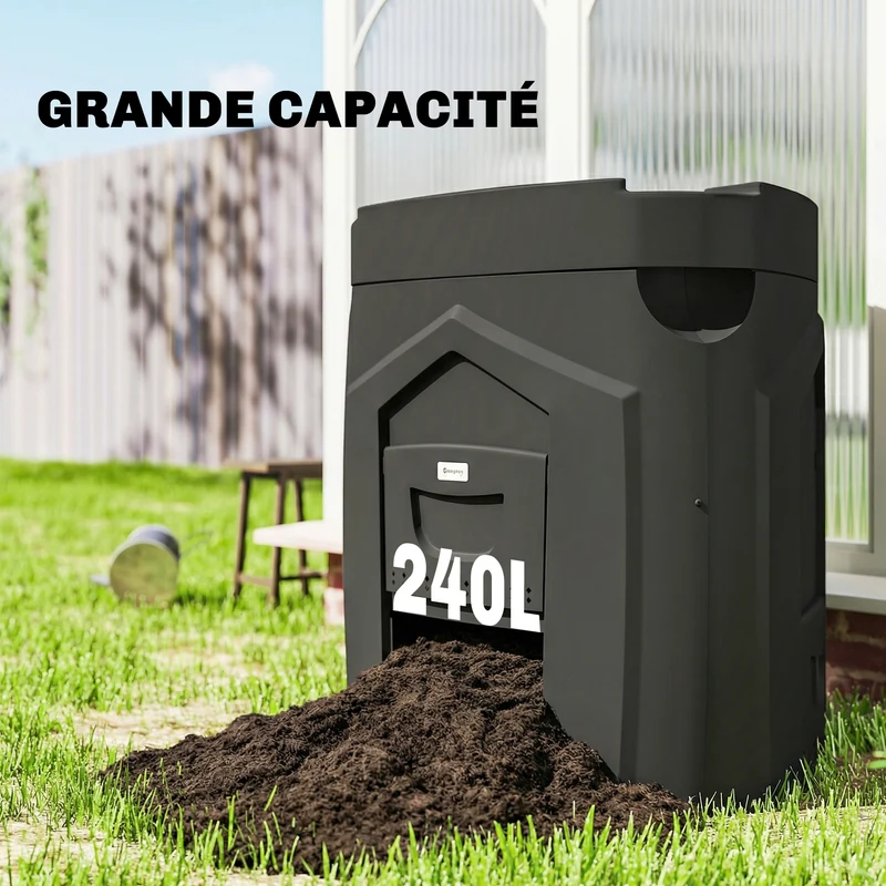Composteur de jardin au sol 78 x 75 x 78 cm triangulaire stable 3 portes 66 aérations compostage rapide épuré en PP noir 21_0005655