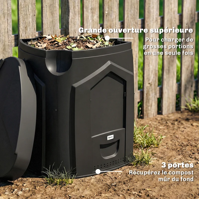 Composteur de jardin au sol 78 x 75 x 78 cm triangulaire stable 3 portes 66 aérations compostage rapide épuré en PP noir 21_0005655