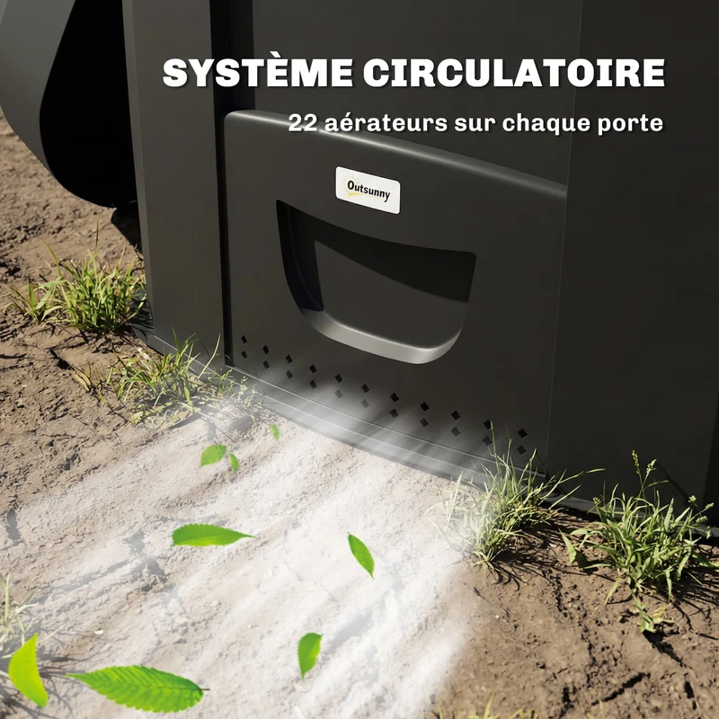 Composteur de jardin au sol 78 x 75 x 78 cm triangulaire stable 3 portes 66 aérations compostage rapide épuré en PP noir 21_0005655