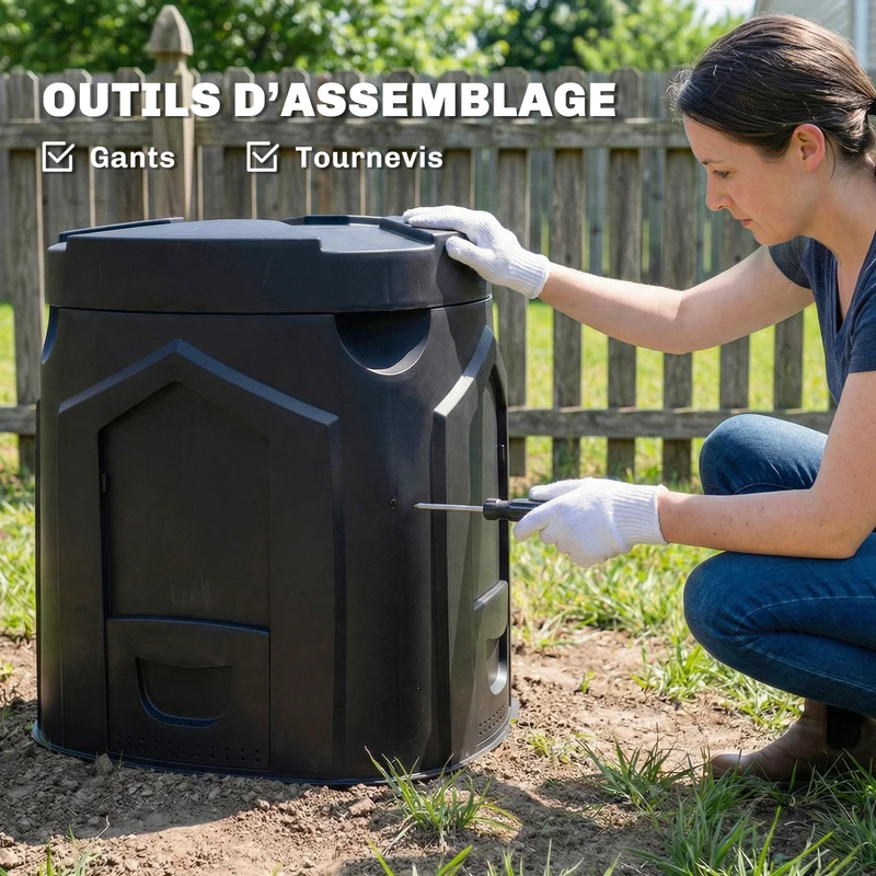 Composteur de jardin au sol 78 x 75 x 78 cm triangulaire stable 3 portes 66 aérations compostage rapide épuré en PP noir 21_0005655