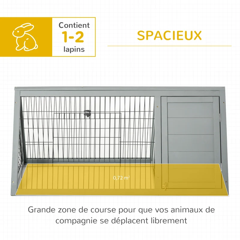 Clapier triangulaire enclos extérieur et niche double porte 116 x 62,2 x 52,5 cm sécurisé épuré aéré design en bois gris 21_0007911