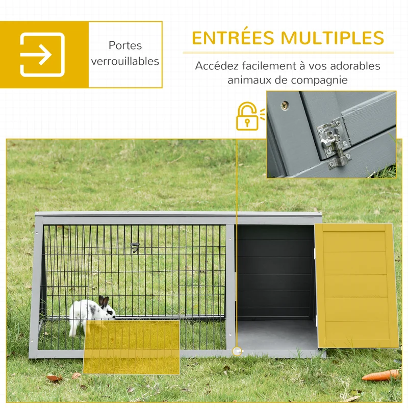 Clapier triangulaire enclos extérieur et niche double porte 116 x 62,2 x 52,5 cm sécurisé épuré aéré design en bois gris 21_0007911