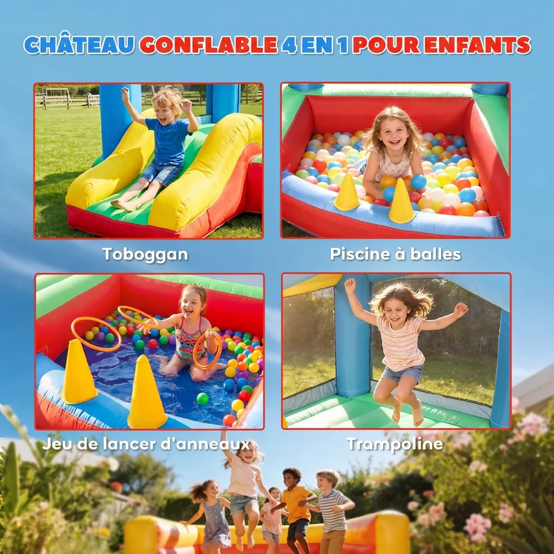Château gonflable toboggan 290 x 230 x 200 cm filets protection anti uv gonflage rapide design en tissu oxford rouge 21_0000410