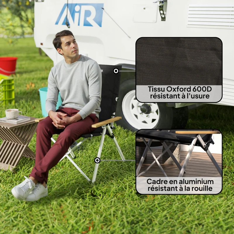 Chaise de camping pliante dossier haut réglable 59 x 67 x 96 cm coussin amovible 4 positions moderne en polyester noir 21_0006534