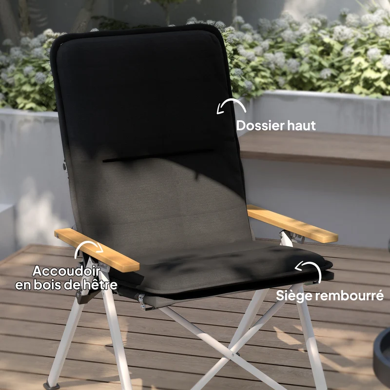 Chaise de camping pliante dossier haut réglable 59 x 67 x 96 cm coussin amovible 4 positions moderne en polyester noir 21_0006534