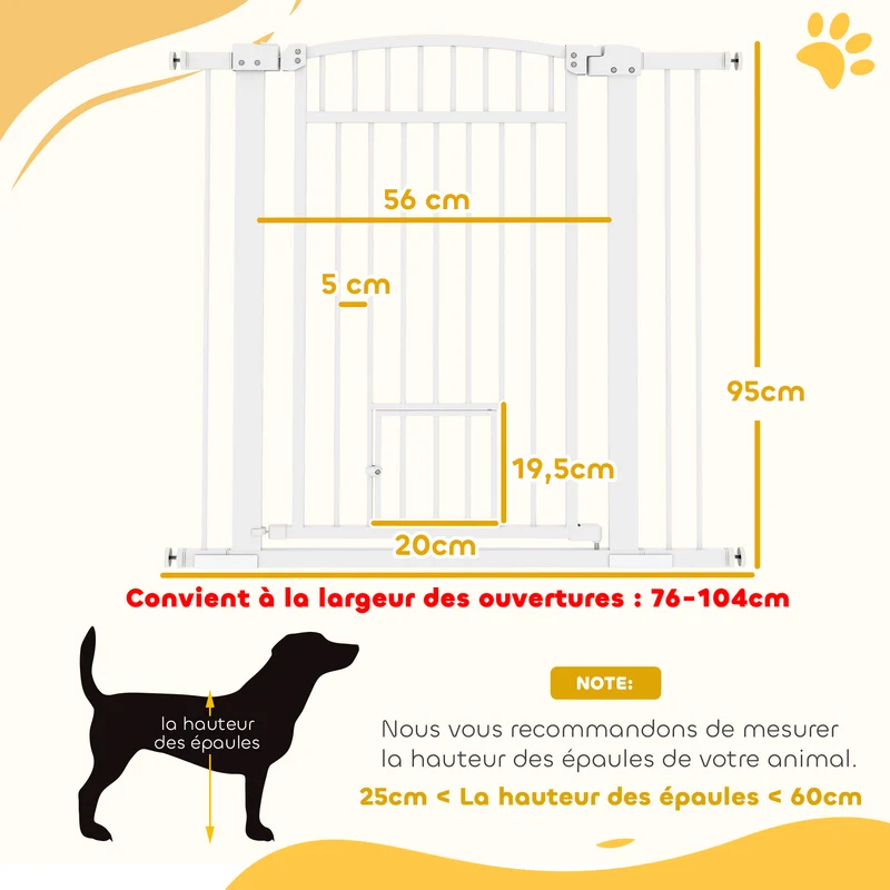 Barrière de sécurité pour chien porte intégrée 76-104 x 5 x 95 cm double verrouillage design épuré solide en acier blanc 21_0007469