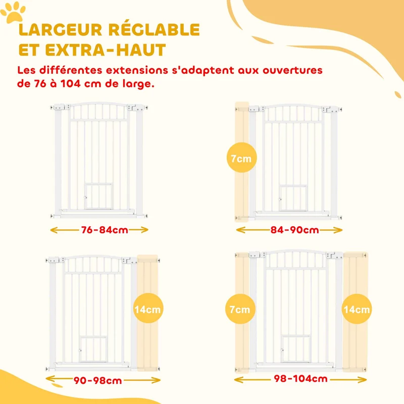 Barrière de sécurité pour chien porte intégrée 76-104 x 5 x 95 cm double verrouillage design épuré solide en acier blanc 21_0007469