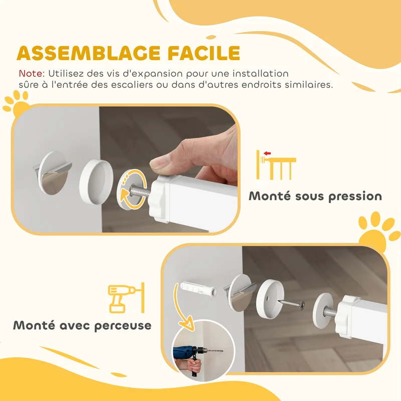 Barrière de sécurité pour chien porte intégrée 76-104 x 5 x 95 cm double verrouillage design épuré solide en acier blanc 21_0007469