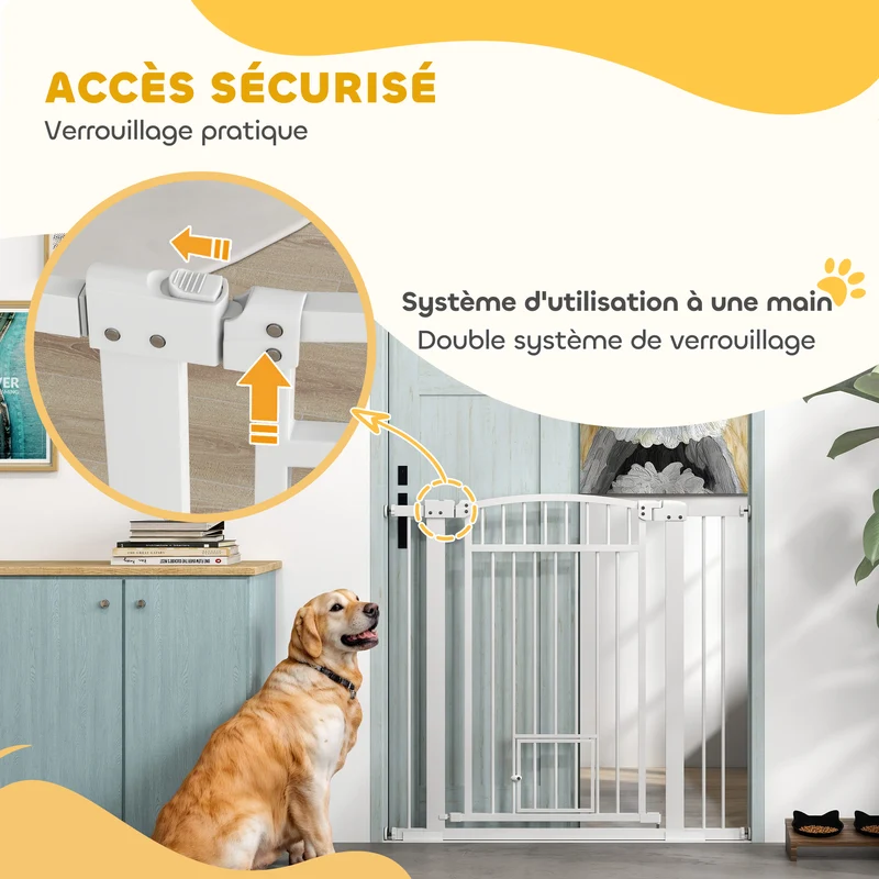 Barrière de sécurité pour chien porte intégrée 76-104 x 5 x 95 cm double verrouillage design épuré solide en acier blanc 21_0007469