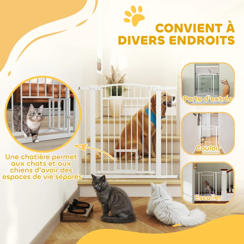 Barrière de sécurité pour chien porte intégrée 76-104 x 5 x 95 cm double verrouillage design épuré solide en acier blanc 21_0007469