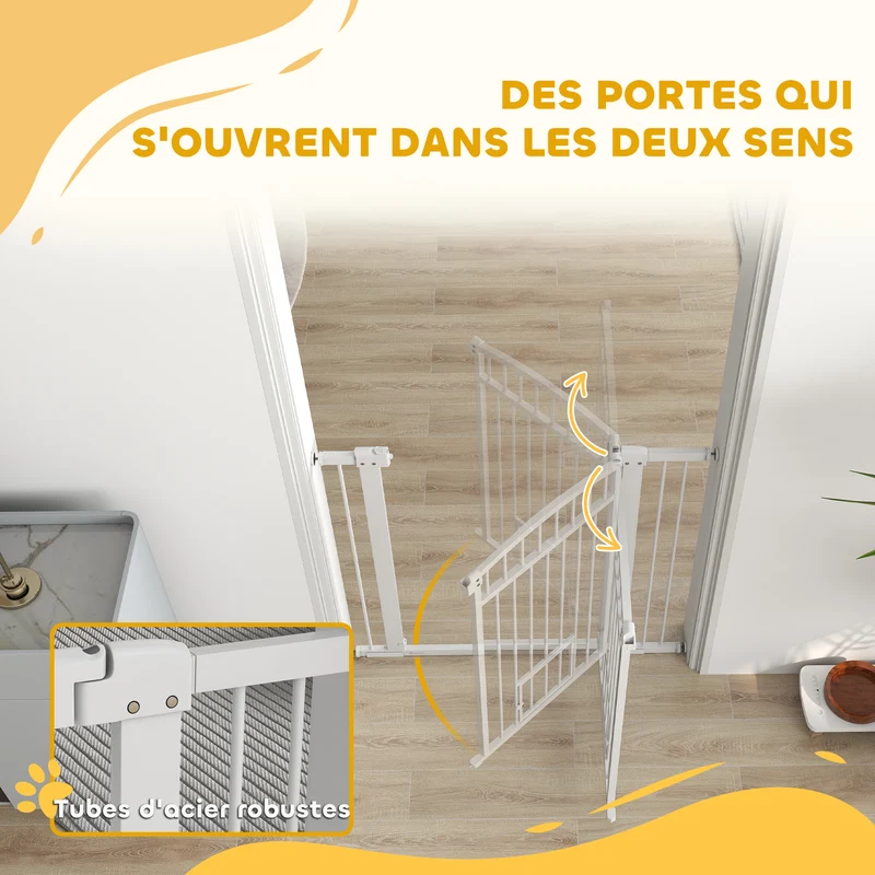 Barrière de sécurité pour chien porte intégrée 76-104 x 5 x 95 cm double verrouillage design épuré solide en acier blanc 21_0007469