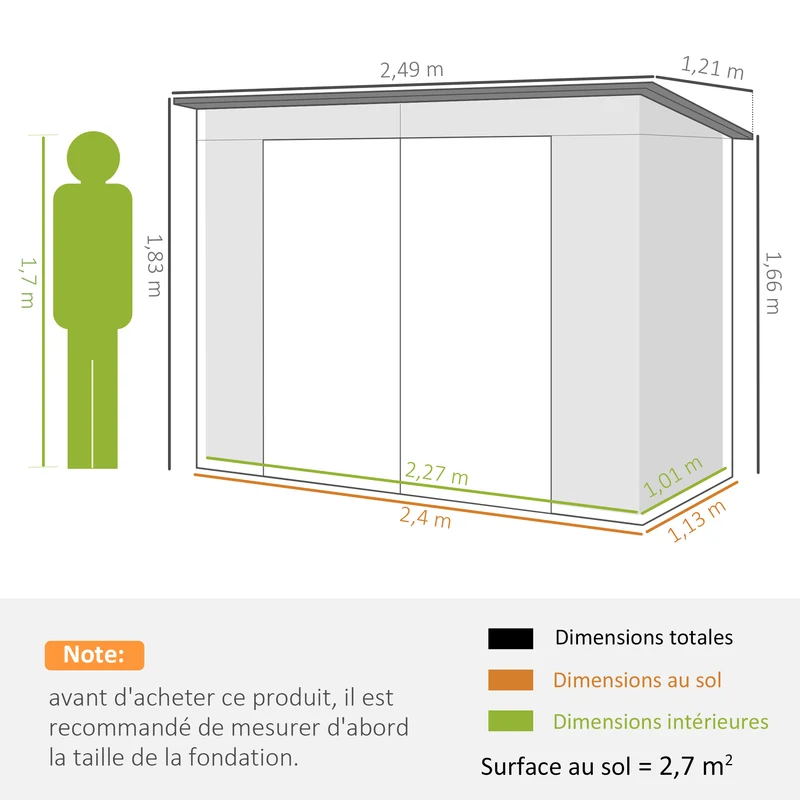 Abri de jardin extérieur 249 x 121 x 183 cm portes doubles verrouillables ventilation design contemporain en acier gris 21_0005464