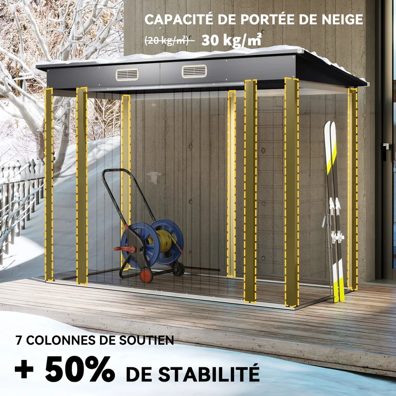 Abri de jardin extérieur 249 x 121 x 183 cm portes doubles verrouillables ventilation design contemporain en acier gris 21_0005464