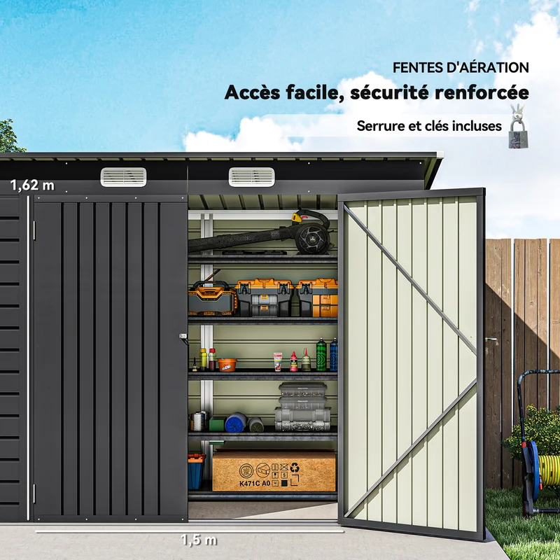 Abri de jardin extérieur 249 x 121 x 183 cm portes doubles verrouillables ventilation design contemporain en acier gris 21_0005464