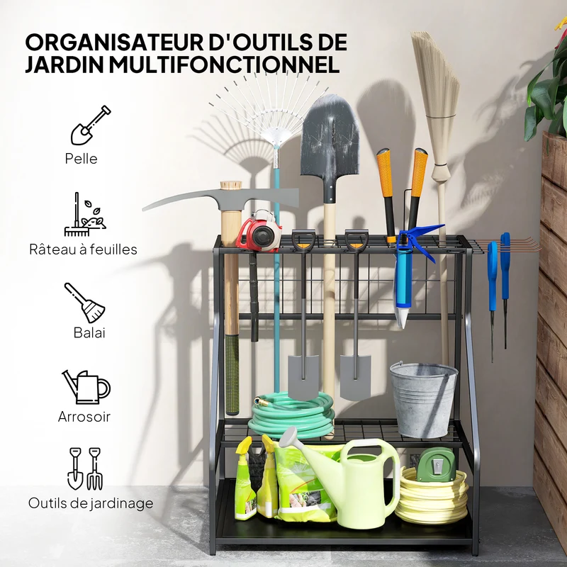 Organiseur d'outils de jardin 84 x 53 x 73 cm rangement 20 outils antirouille industriel contemporain en métal orange 21_0005540