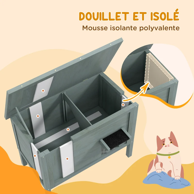Maison pour chats niche d'extérieur 85 x 50 x 68.5 cm toit ouvrable isolation thermique rustique en bois gris foncé 21_0007710