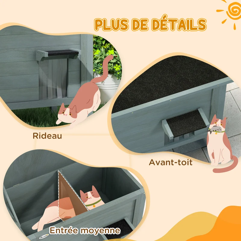 Maison pour chats niche d'extérieur 85 x 50 x 68.5 cm toit ouvrable isolation thermique rustique en bois gris foncé 21_0007710