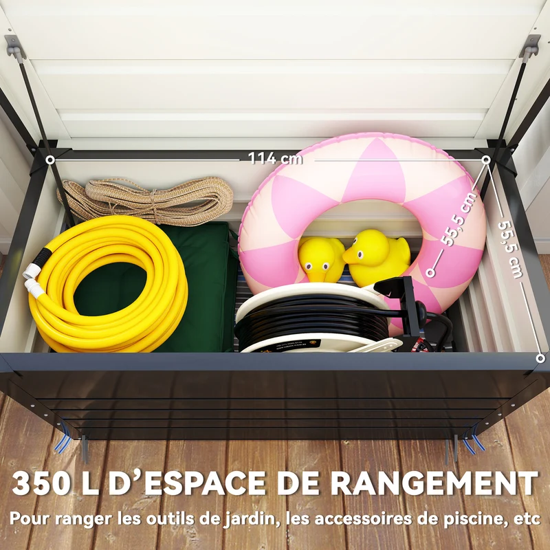 Coffre de rangement extérieur 120 x 61 x 62 cm 350 l serrure intégrée vérins à gaz contemporain en acier gris anthracite 21_0005736