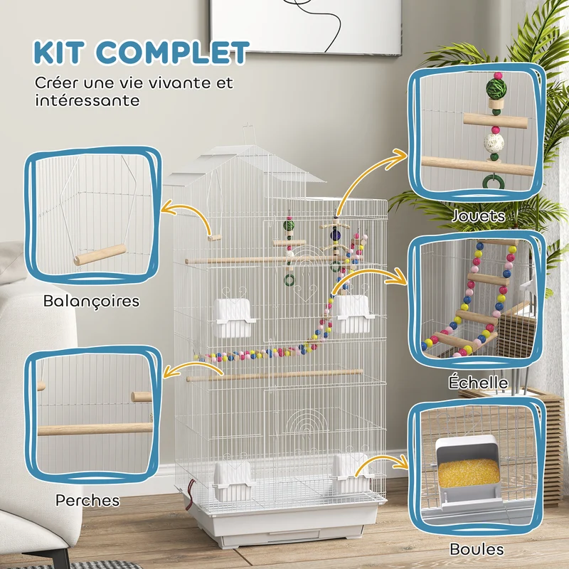 Cage à oiseaux intérieure pratique 46 x 36 x 100 cm plateau coulissant perchoirs style contemporain en fil d'acier blanc 21_0007578