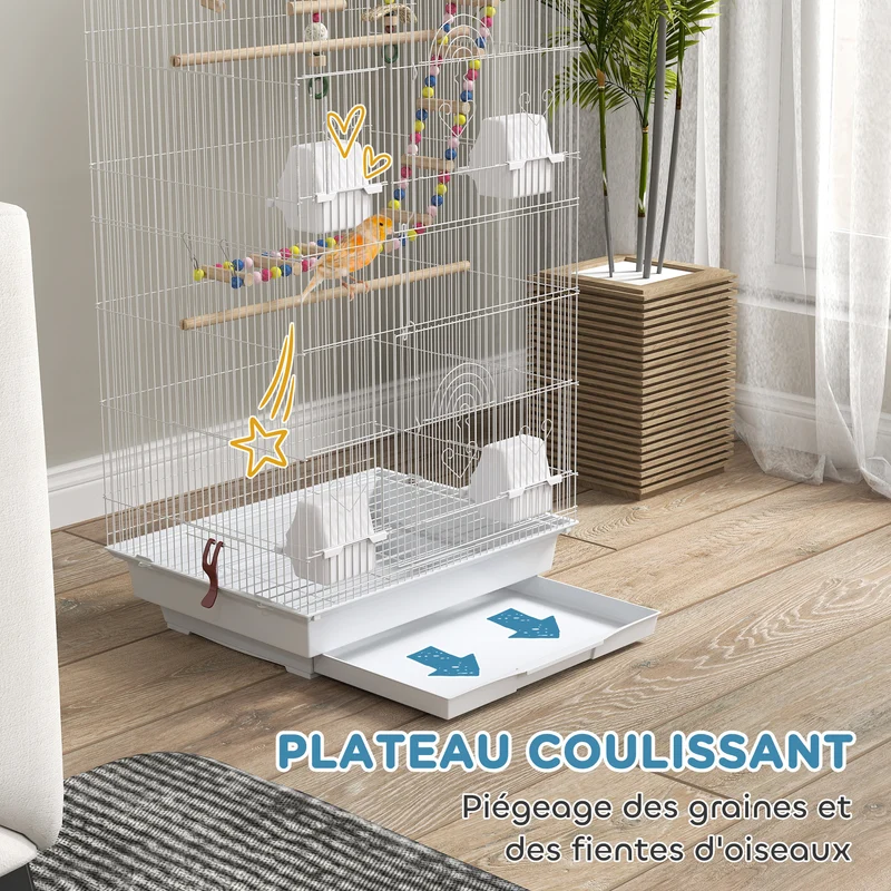 Cage à oiseaux intérieure pratique 46 x 36 x 100 cm plateau coulissant perchoirs style contemporain en fil d'acier blanc 21_0007578