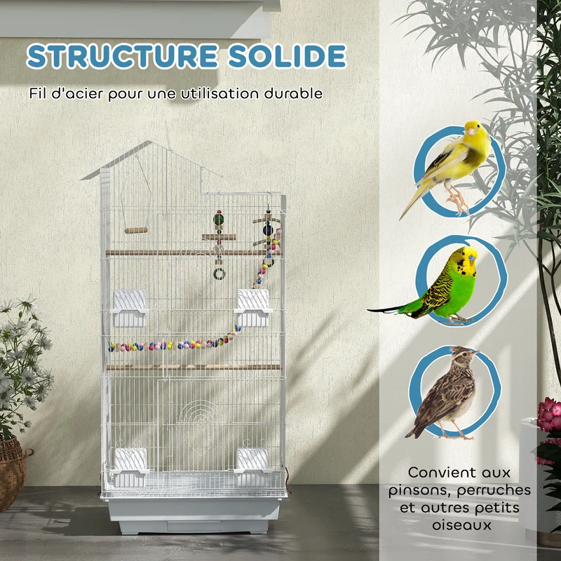 Cage à oiseaux intérieure pratique 46 x 36 x 100 cm plateau coulissant perchoirs style contemporain en fil d'acier blanc 21_0007578