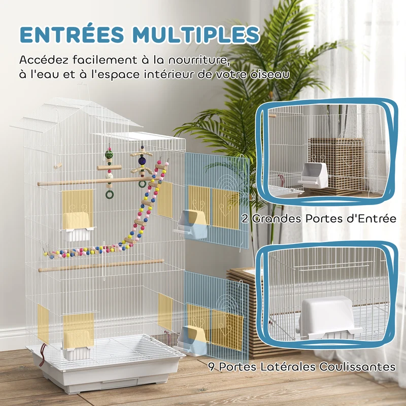 Cage à oiseaux intérieure pratique 46 x 36 x 100 cm plateau coulissant perchoirs style contemporain en fil d'acier blanc 21_0007578