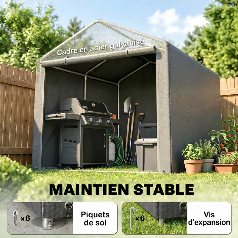 Abri de jardin stockage moto et vélo 160 x 218 x 172 cm étanche porte zippée style industriel en polyéthylène gris clair 21_0005476