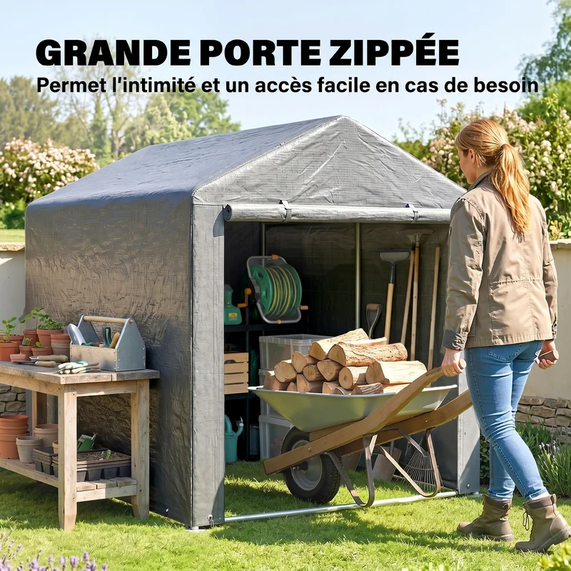 Abri de jardin stockage moto et vélo 160 x 218 x 172 cm étanche porte zippée style industriel en polyéthylène gris clair 21_0005476