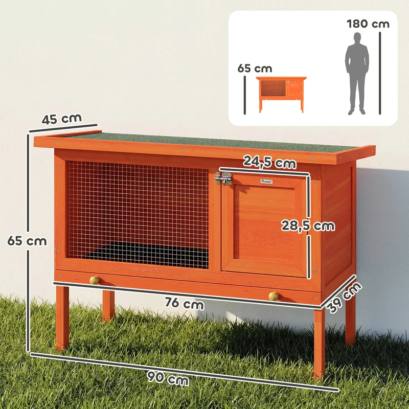 Clapier extérieur surélevé 90 x 45 x 65 cm porte verrouillable sécurisée plateau amovible rustique en bois de pin orange 21_0007900