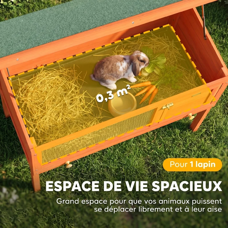 Clapier extérieur surélevé 90 x 45 x 65 cm porte verrouillable sécurisée plateau amovible rustique en bois de pin orange 21_0007900