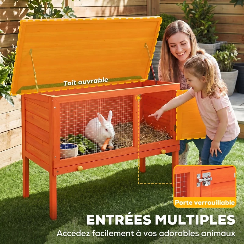 Clapier extérieur surélevé 90 x 45 x 65 cm porte verrouillable sécurisée plateau amovible rustique en bois de pin orange 21_0007900