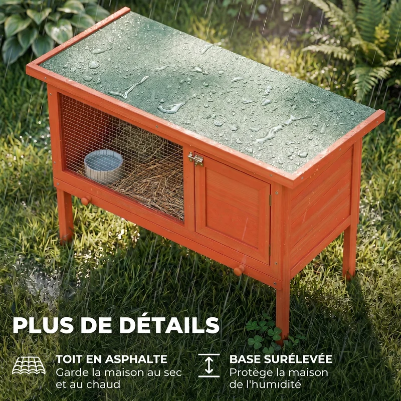 Clapier extérieur surélevé 90 x 45 x 65 cm porte verrouillable sécurisée plateau amovible rustique en bois de pin orange 21_0007900