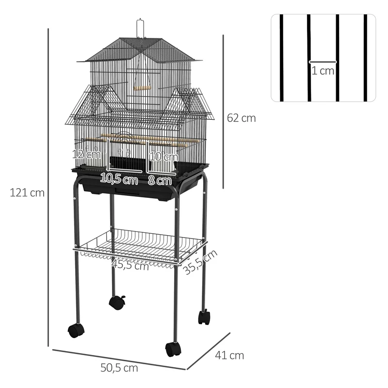 Cage à oiseaux toit maison 50,5 x 41 x 121 cm accès très facile plateau amovible moderne épuré salon cosy en acier noir 21_0007567