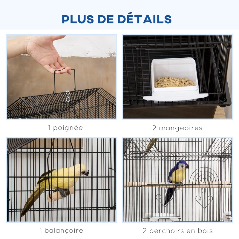 Cage à oiseaux toit maison 50,5 x 41 x 121 cm accès très facile plateau amovible moderne épuré salon cosy en acier noir 21_0007567