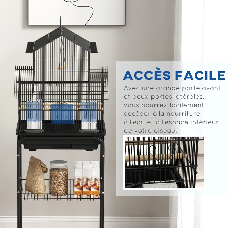 Cage à oiseaux toit maison 50,5 x 41 x 121 cm accès très facile plateau amovible moderne épuré salon cosy en acier noir 21_0007567