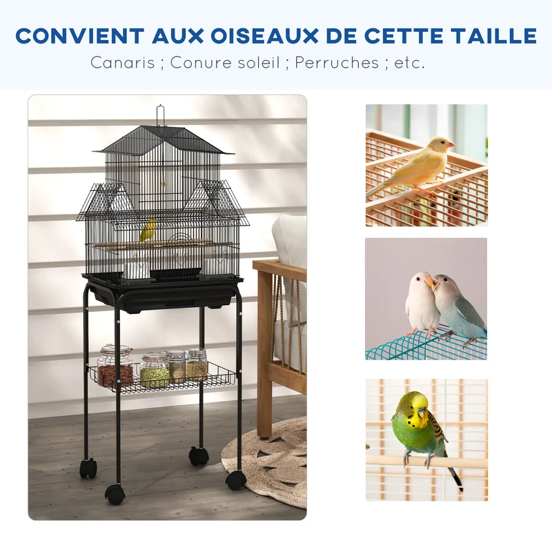 Cage à oiseaux toit maison 50,5 x 41 x 121 cm accès très facile plateau amovible moderne épuré salon cosy en acier noir 21_0007567