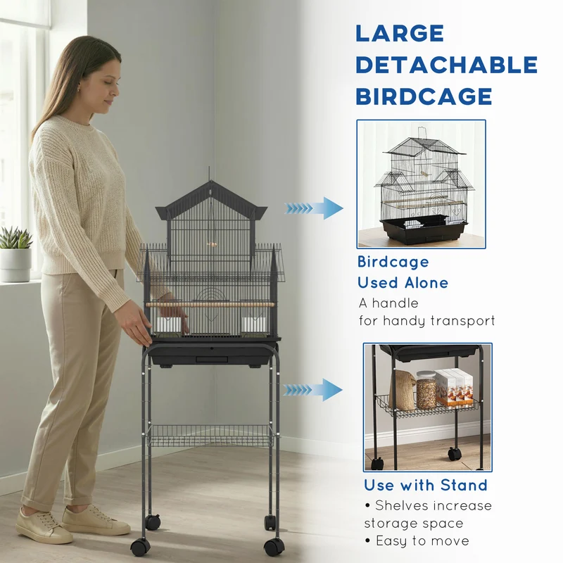 Cage à oiseaux toit maison 50,5 x 41 x 121 cm accès très facile plateau amovible moderne épuré salon cosy en acier noir 21_0007567