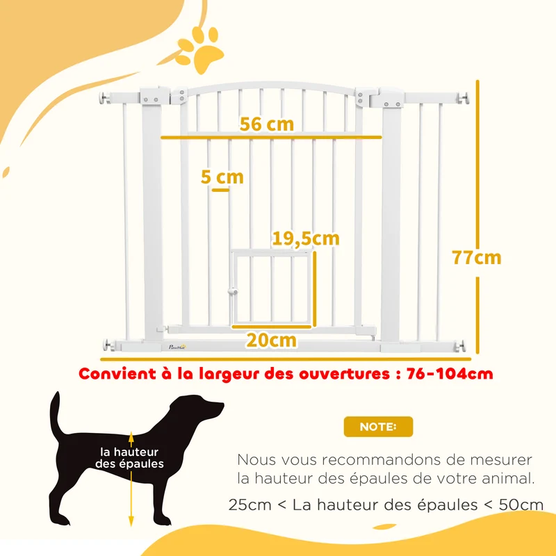 Barrière de sécurité chien portillon 76-104 x 77 cm double verrouillage utilisation à une main épuré en acier blanc 21_0007468