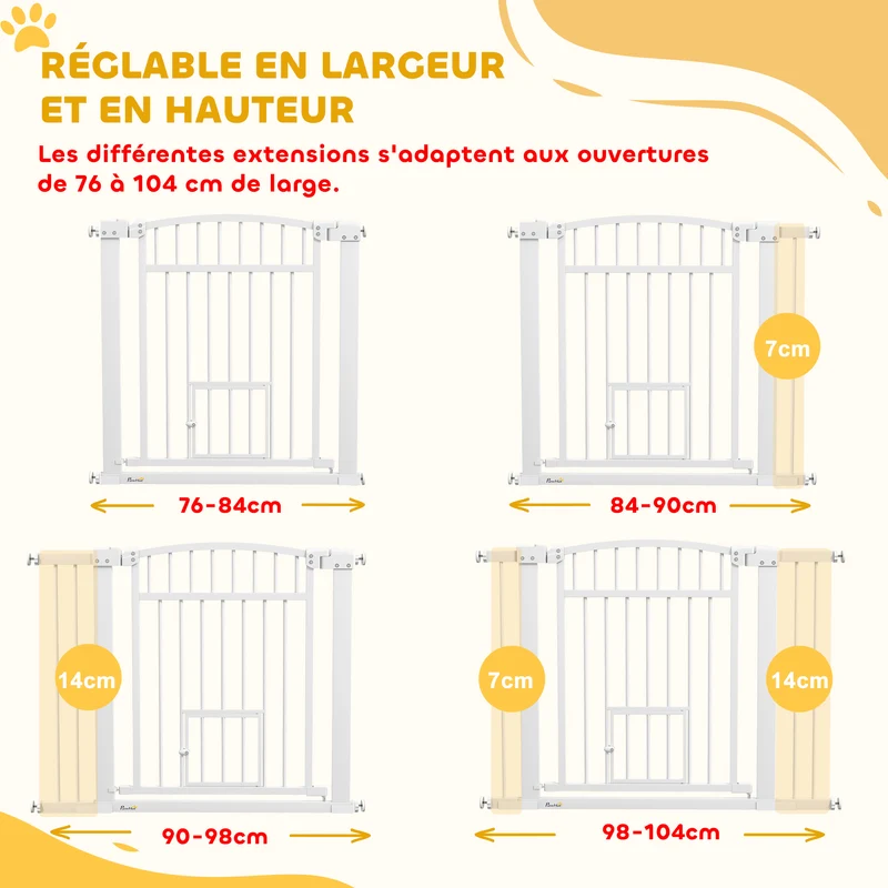 Barrière de sécurité chien portillon 76-104 x 77 cm double verrouillage utilisation à une main épuré en acier blanc 21_0007468