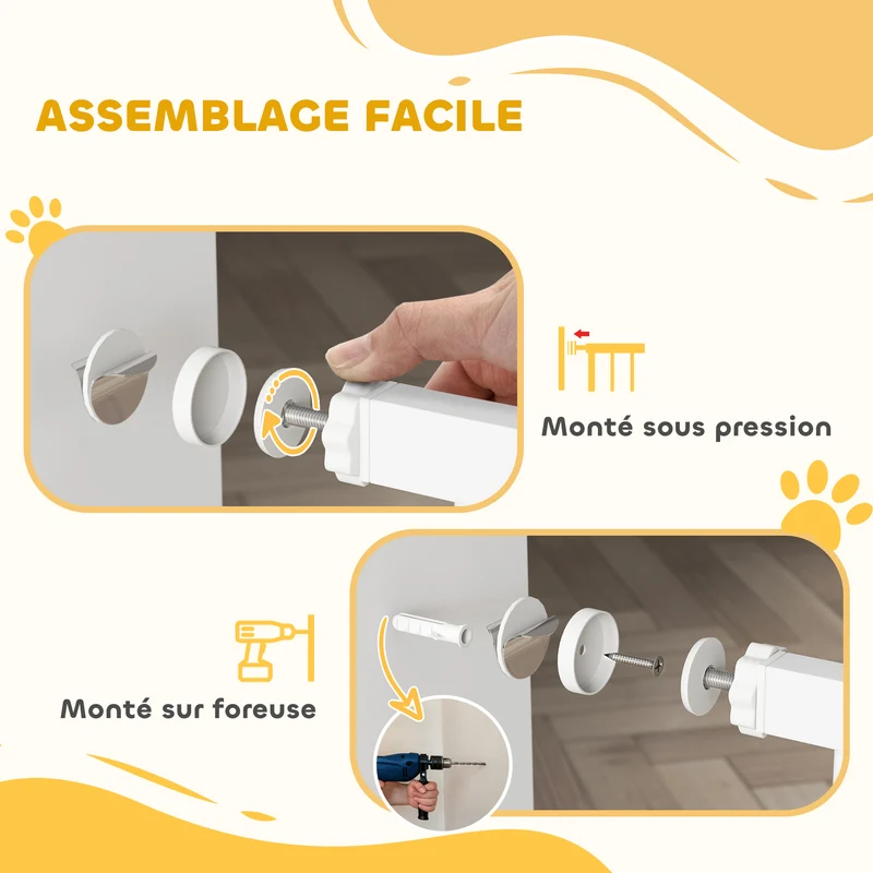 Barrière de sécurité chien portillon 76-104 x 77 cm double verrouillage utilisation à une main épuré en acier blanc 21_0007468